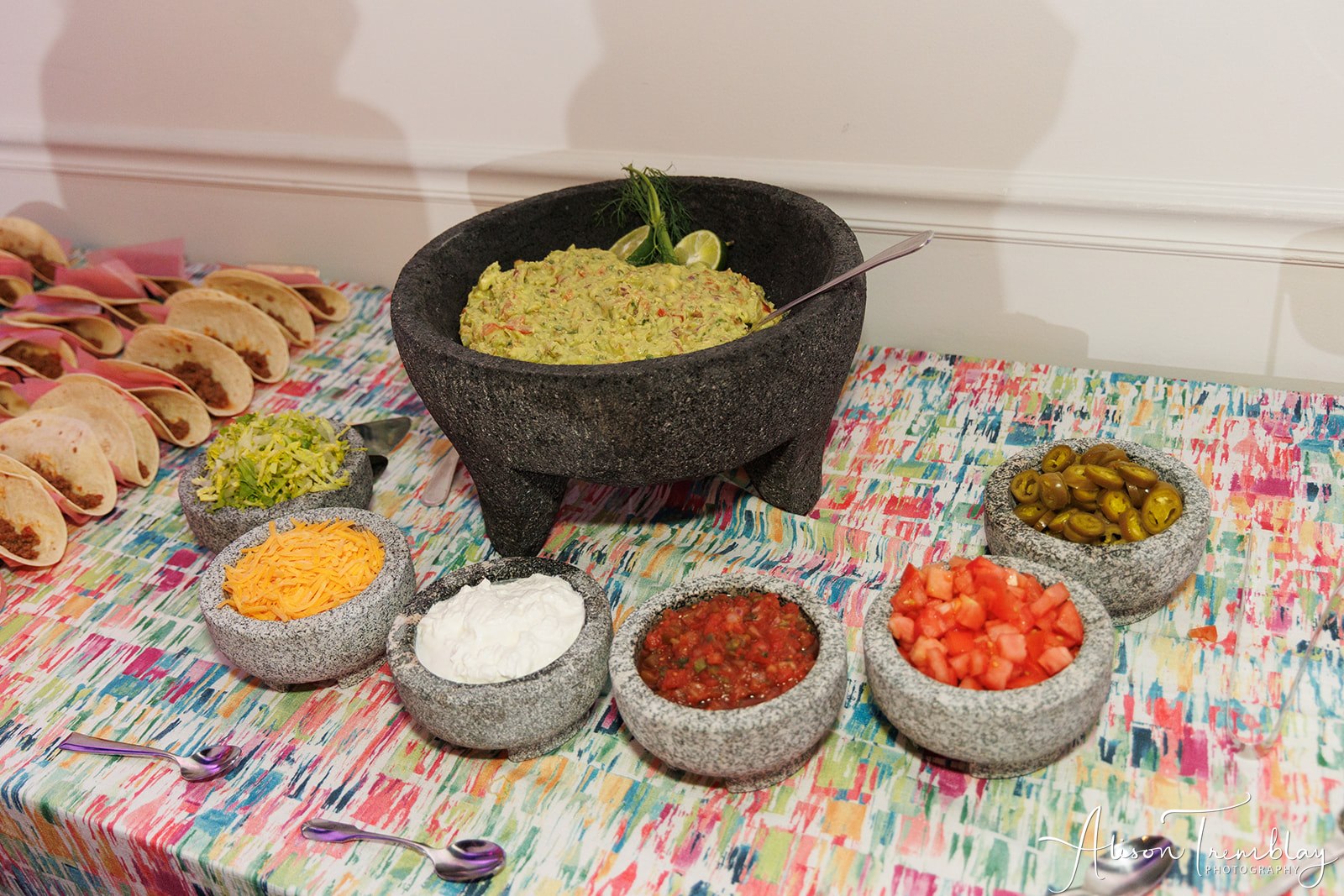 Mitzvah food station Taco bar at Hannah's floral taco fiesta at VisArts in Rockville, MD | Pop Color Events | Adding a Pop of Color to Bar & Bat Mitzvahs in DC, MD & VA | Photo by: Alison Tremblay Photography