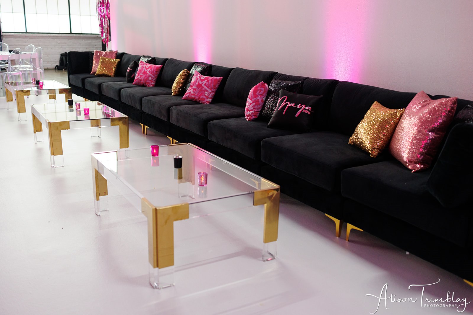 Sophisticated and sparkly lounge at Maya's Pretty Pink Bat Mitzvah at Photogroup in Silver Spring | Pop Color Events | Adding a Pop of Color to Bar & Bat Mitzvahs in DC, MD & VA | Photo by: Alison Tremblay