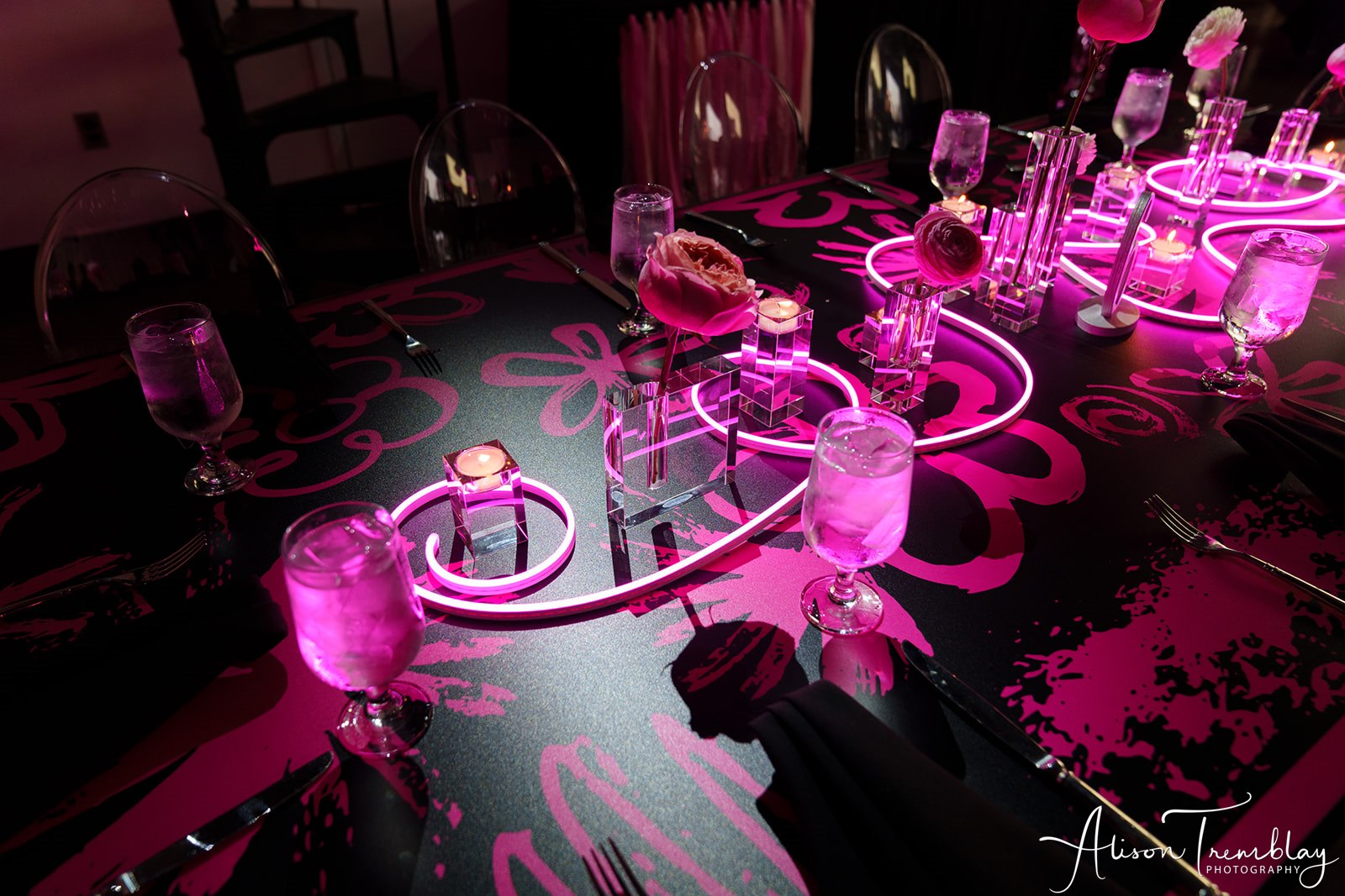 Custom tables at Maya's Pretty Pink Bat Mitzvah at Photogroup in Silver Spring | Pop Color Events | Adding a Pop of Color to Bar & Bat Mitzvahs in DC, MD & VA | Photo by: Alison Tremblay