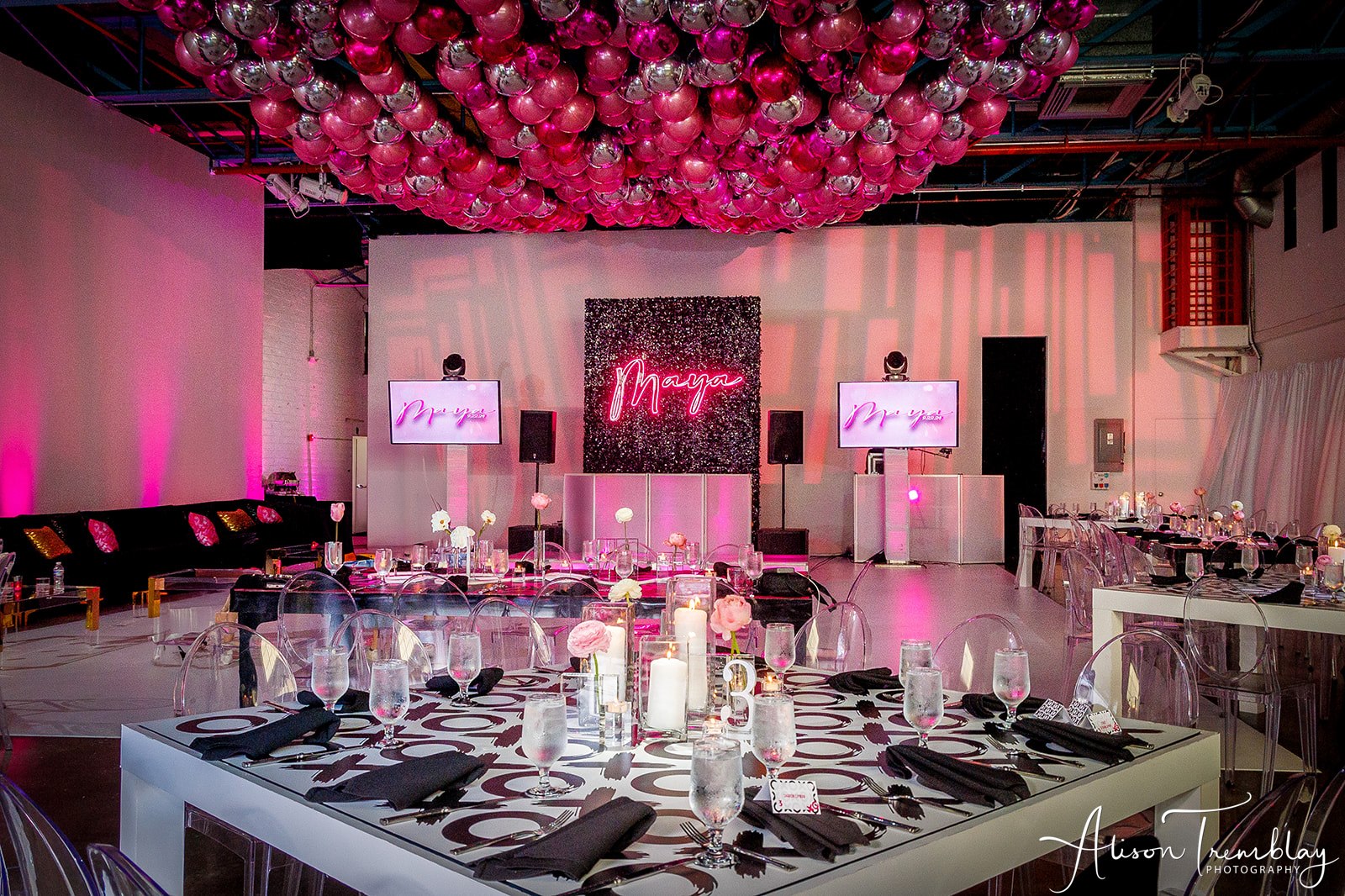 Dance floor and backdrop at Maya's Pretty Pink Bat Mitzvah at Photogroup in Silver Spring | Pop Color Events | Adding a Pop of Color to Bar & Bat Mitzvahs in DC, MD & VA | Photo by: Alison Tremblay