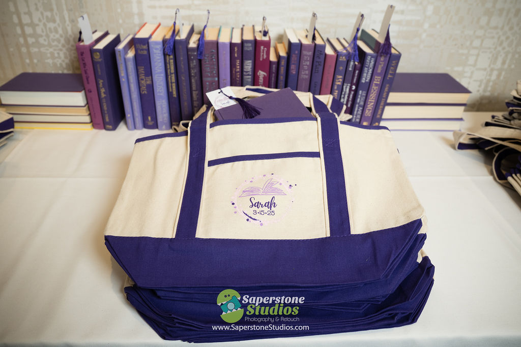 Tote bag favors at Sarah's purple Books and Balloons Bat Mitzvah at Westin Arlington Gateway | Pop Color Events | Adding a Pop of Color to Bar & Bat Mitzvahs in DC, MD & VA | Photo by: Saperstone Studios