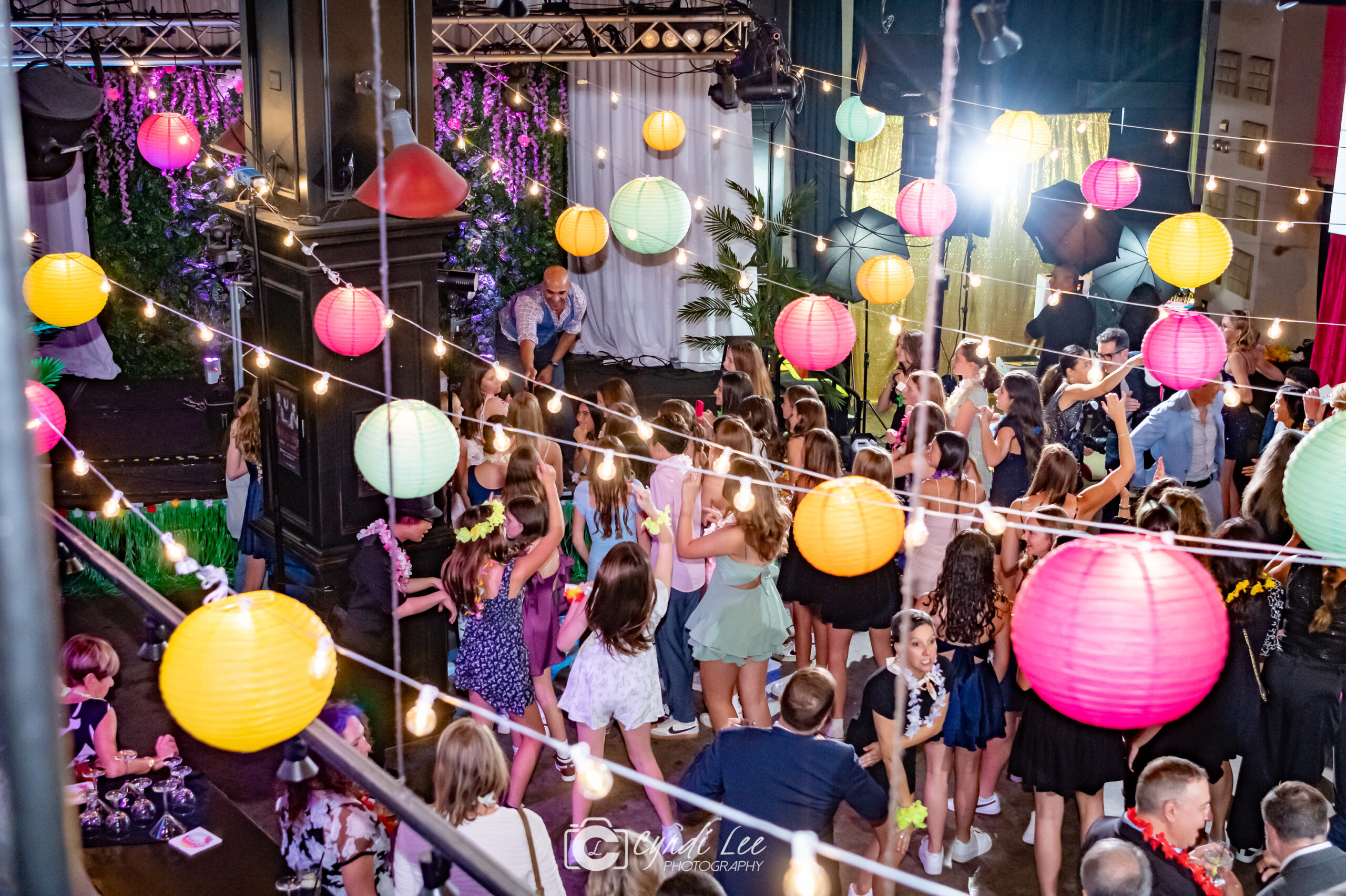 Dance floor and paper lanterns at Emery's Tropical Bat Mitzvah Party at The Renegade in Arlington, VA | Pop Color Events | Adding a Pop of Color to Bar & Bat Mitzvahs in DC, MD & VA | Photo by: Cyndi Lee Photography
