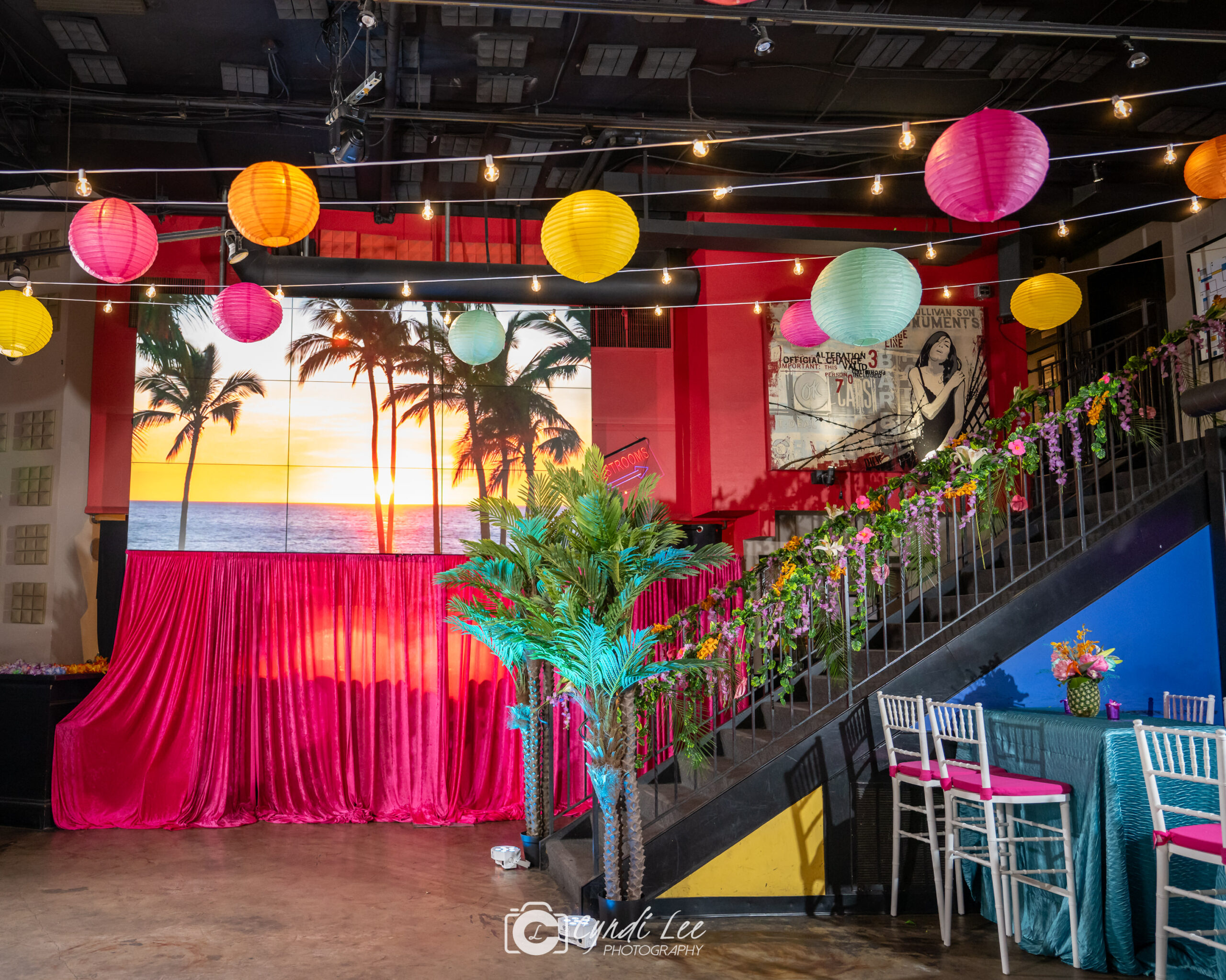 Screens and stairs at Emery's Tropical Bat Mitzvah Party at The Renegade in Arlington, VA | Pop Color Events | Adding a Pop of Color to Bar & Bat Mitzvahs in DC, MD & VA | Photo by: Cyndi Lee Photography