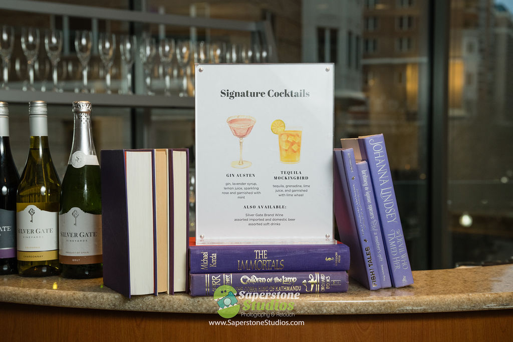Book themed cocktails at Sarah's purple Books and Balloons Bat Mitzvah at Westin Arlington Gateway | Pop Color Events | Adding a Pop of Color to Bar & Bat Mitzvahs in DC, MD & VA | Photo by: Saperstone Studios