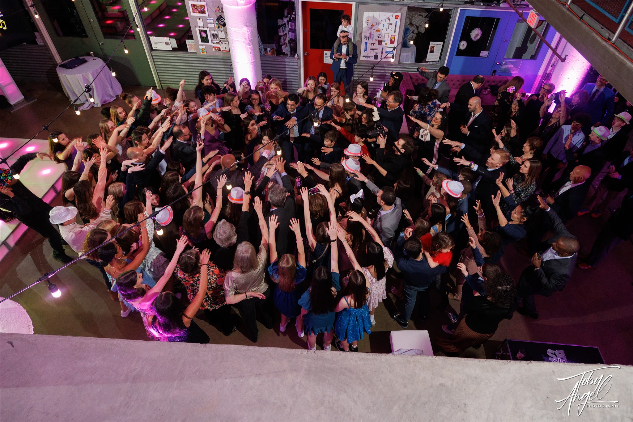 Dance floor at Sally's Torpedo Factoy Bat Mitzvah | Pop Color Events | Adding a Pop of Color to Bar & Bat Mitzvahs in DC, MD & VA | Photo by: Toby Angel Photography