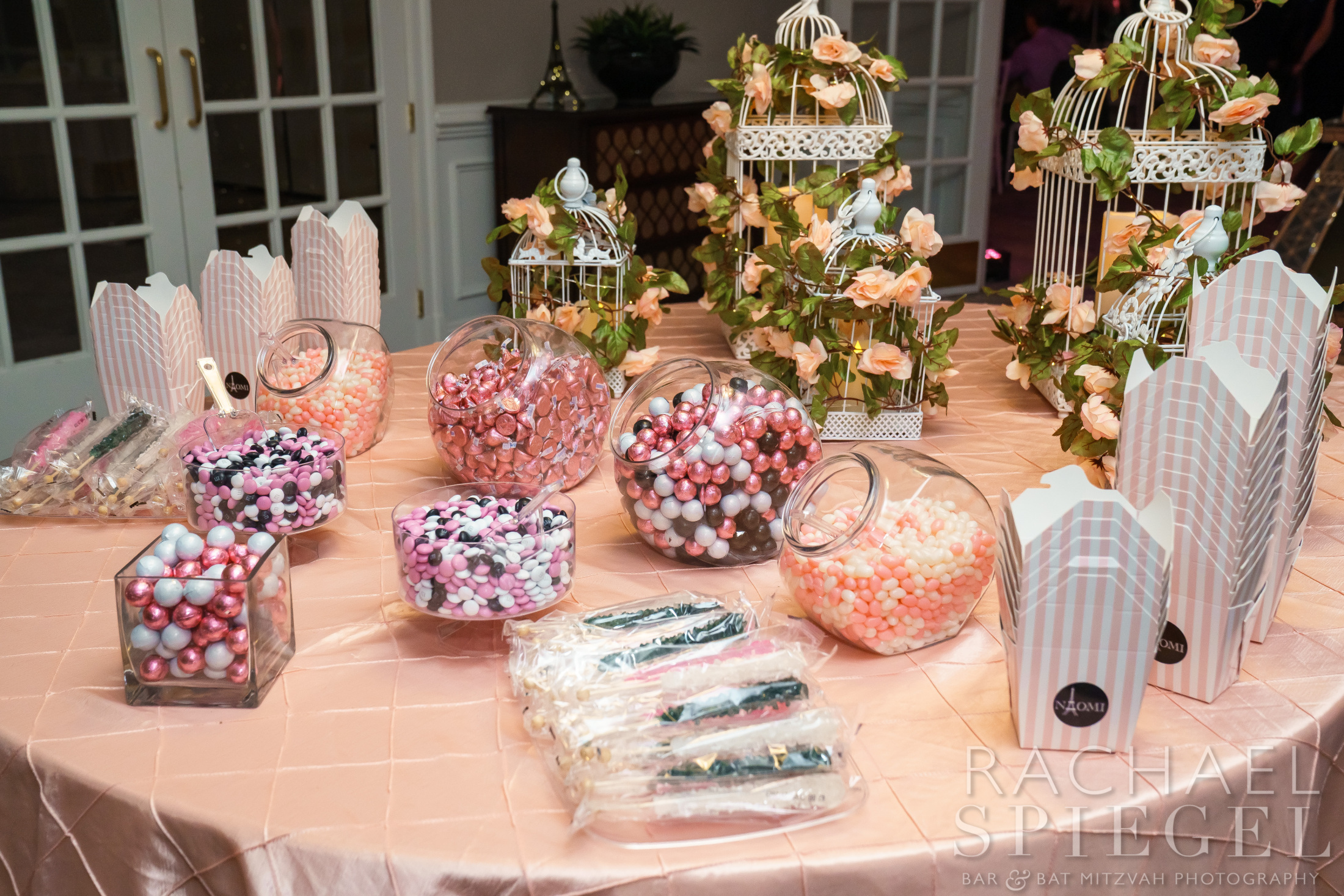 Candy table at Pink-Paris themed Bat Mitzvah at Westwood Country Club in Vienna VA | Pop Color Events | Adding a Pop of Color to Bar & Bat Mitzvahs in DC, MD & VA | Photo by: Rachael Spiegel Photography